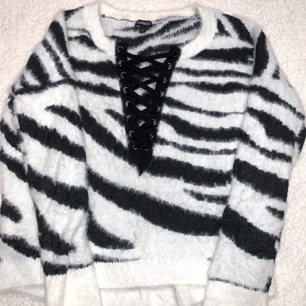 Express Zebra Print Sweater Chunky Fuzzy Animal Print Lace Up Coquette Y2K